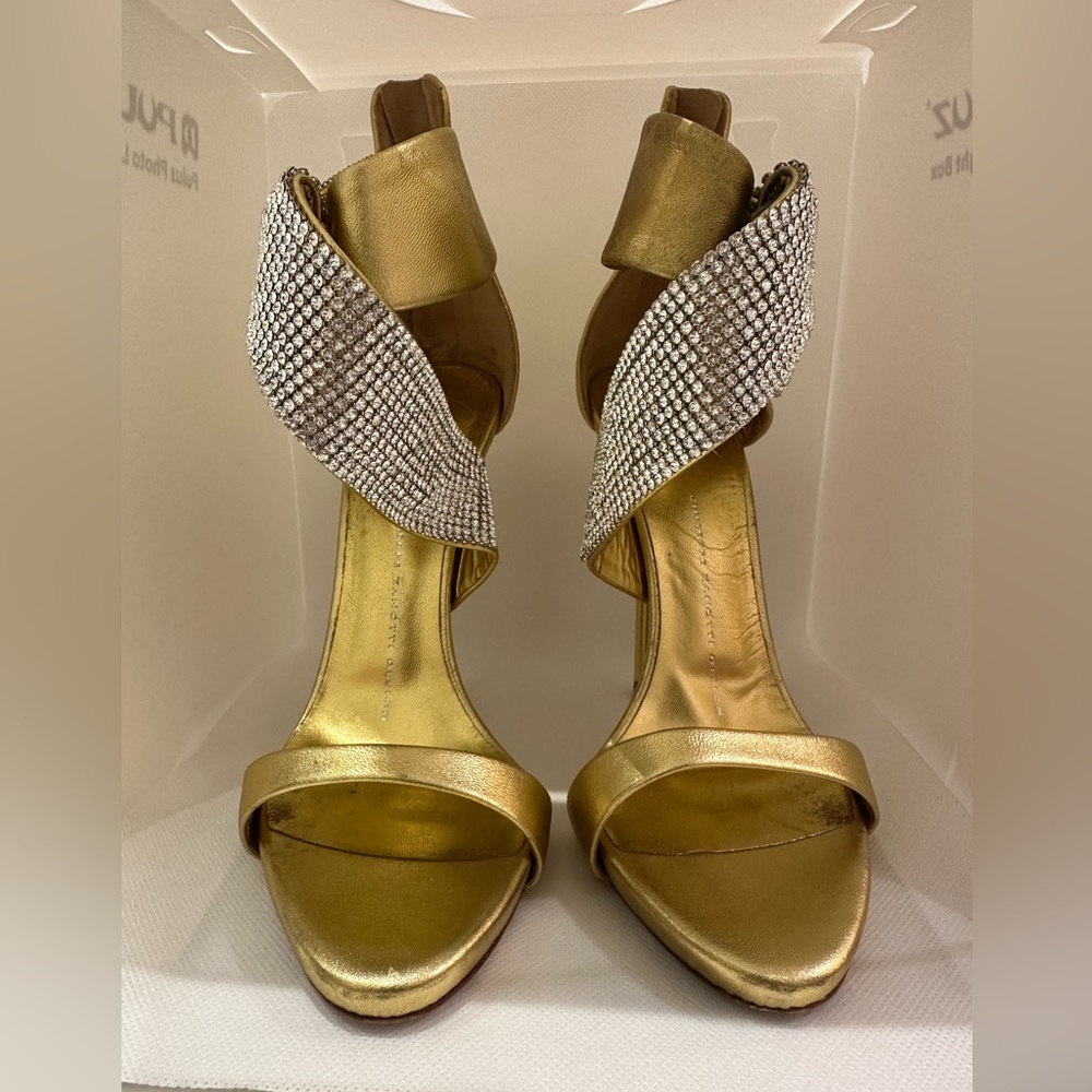 Giuseppe Zanotti Gold Leather Crystal Evening Heels Size 37 - Picture 6 of 10
